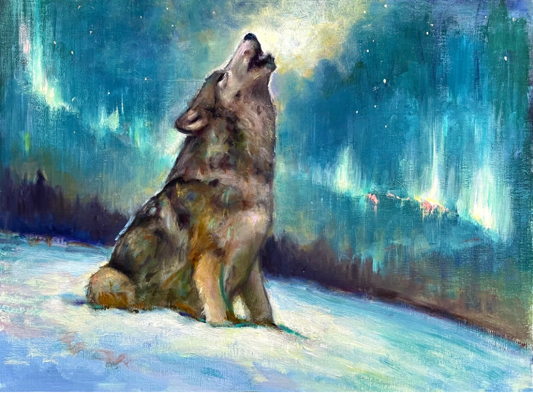 Original howling wolf in wilderness Pencil Drawing - 8x10 – Among