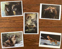 Load image into Gallery viewer, Box of 5 note cards wolves and bear.