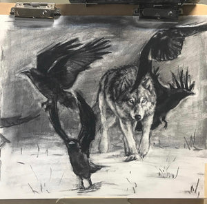 wolf and raven charcoal drawing - 14x18