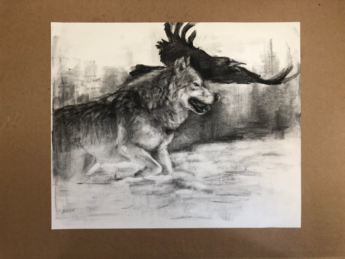 Charcoal drawing wolf and raven - 14x18